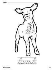 Free printable lamb Easter coloring page and cursive word tracing worksheet, perfect for preschool, pre-k, and kindergarten, PDF