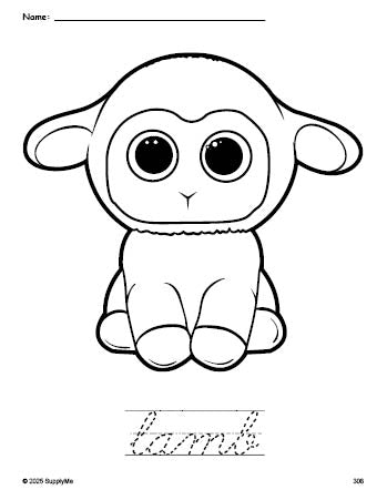 Free printable lamb Easter coloring page and cursive word tracing worksheet, perfect for preschool, pre-k, and kindergarten, PDF