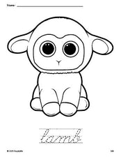 Free printable lamb Easter coloring page and cursive word tracing worksheet, perfect for preschool, pre-k, and kindergarten, PDF