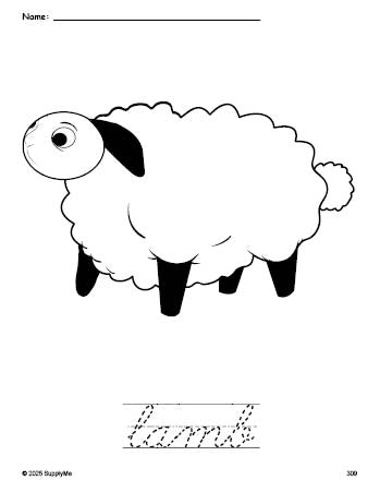 Free printable lamb Easter coloring page and cursive word tracing worksheet, perfect for preschool, pre-k, and kindergarten, PDF