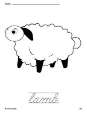 Free printable lamb Easter coloring page and cursive word tracing worksheet, perfect for preschool, pre-k, and kindergarten, PDF