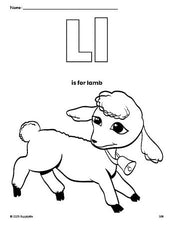 Free printable lamb Easter coloring page, letter l coloring page for preschool, pre-k, and kindergarten, PDF