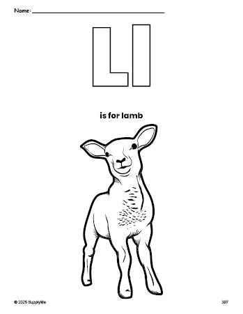 Free printable lamb Easter coloring page, letter l coloring page for preschool, pre-k, and kindergarten, PDF