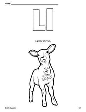 Free printable lamb Easter coloring page, letter l coloring page for preschool, pre-k, and kindergarten, PDF