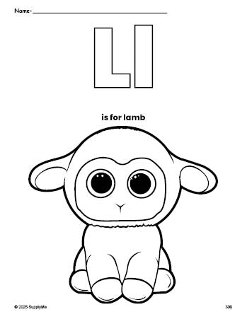 Free printable lamb Easter coloring page, letter l coloring page for preschool, pre-k, and kindergarten, PDF