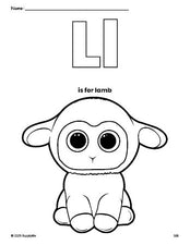 Free printable lamb Easter coloring page, letter l coloring page for preschool, pre-k, and kindergarten, PDF