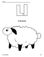 Free printable lamb Easter coloring page, letter l coloring page for preschool, pre-k, and kindergarten, PDF