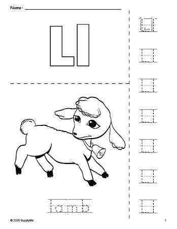 Free printable lamb Easter coloring page and letter tracing worksheet, letter l worksheet for preschool, pre-k, and kindergarten, PDF