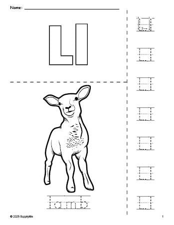 Free printable lamb Easter coloring page and letter tracing worksheet, letter l worksheet for preschool, pre-k, and kindergarten, PDF