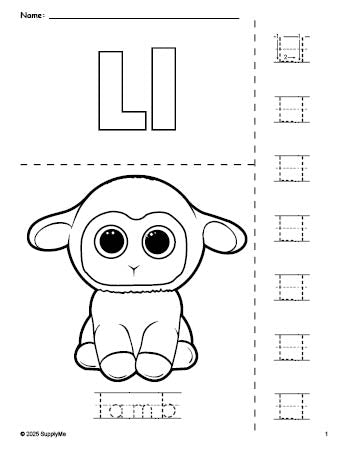 Free printable lamb Easter coloring page and letter tracing worksheet, letter l worksheet for preschool, pre-k, and kindergarten, PDF