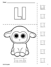 Free printable lamb Easter coloring page and letter tracing worksheet, letter l worksheet for preschool, pre-k, and kindergarten, PDF