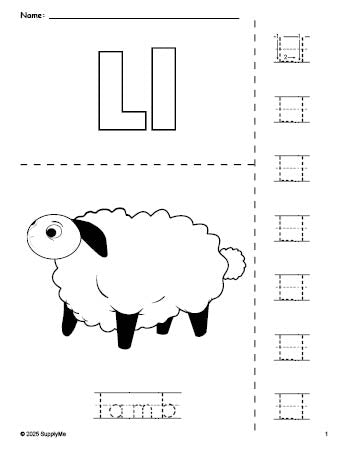 Free printable lamb Easter coloring page and letter tracing worksheet, letter l worksheet for preschool, pre-k, and kindergarten, PDF