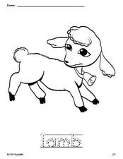 Free printable lamb Easter coloring page and word tracing worksheet, letter formation guides, perfect for preschool, pre-k, and kindergarten, PDF