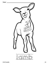 Free printable lamb Easter coloring page and word tracing worksheet, letter formation guides, perfect for preschool, pre-k, and kindergarten, PDF