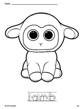 Free printable lamb Easter coloring page and word tracing worksheet, letter formation guides, perfect for preschool, pre-k, and kindergarten, PDF