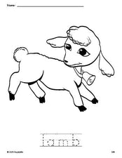 Free printable lamb Easter coloring page and word tracing worksheet, perfect for preschool, pre-k, and kindergarten, PDF