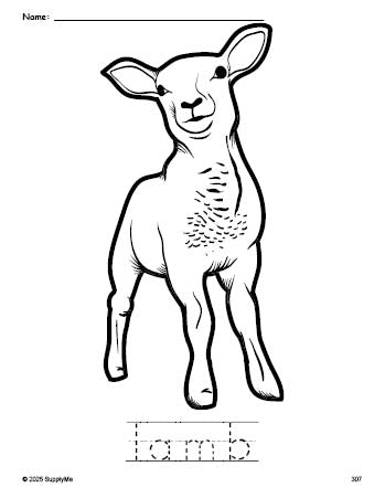 Free printable lamb Easter coloring page and word tracing worksheet, perfect for preschool, pre-k, and kindergarten, PDF