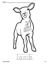 Free printable lamb Easter coloring page and word tracing worksheet, perfect for preschool, pre-k, and kindergarten, PDF