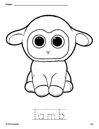 Free printable lamb Easter coloring page and word tracing worksheet, perfect for preschool, pre-k, and kindergarten, PDF