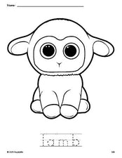 Free printable lamb Easter coloring page and word tracing worksheet, perfect for preschool, pre-k, and kindergarten, PDF