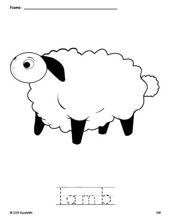 Free printable lamb Easter coloring page and word tracing worksheet, perfect for preschool, pre-k, and kindergarten, PDF