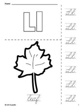 Free printable leaf fall coloring page and cursive letter tracing worksheet, letter l worksheet for preschool, pre-k, and kindergarten, PDF