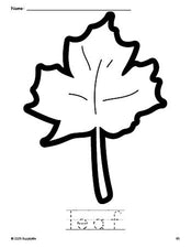 Free printable leaf fall coloring page and word tracing worksheet, perfect for preschool, pre-k, and kindergarten, PDF