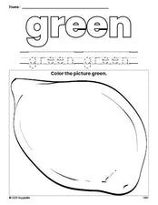 Free lemon color green coloring page and color worksheet, green worksheet for preschoolers to learn colors, printable PDF