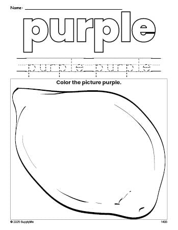 Free lemon color purple coloring page and color worksheet, purple worksheet for preschoolers to learn colors, printable PDF