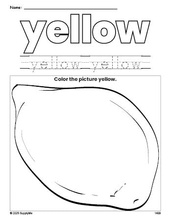 Free lemon color yellow coloring page and color worksheet, yellow worksheet for preschoolers to learn colors, printable PDF