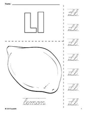 Free printable lemon coloring page and cursive letter tracing worksheet, letter l worksheet for preschool, pre-k, and kindergarten, PDF