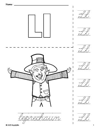 Free printable leprechaun St. Patrick's Day coloring page and cursive letter tracing worksheet, letter l worksheet for preschool, pre-k, and kindergarten, PDF