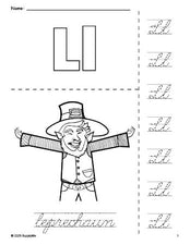 Free printable leprechaun St. Patrick's Day coloring page and cursive letter tracing worksheet, letter l worksheet for preschool, pre-k, and kindergarten, PDF