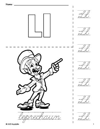 Free printable leprechaun St. Patrick's Day coloring page and cursive letter tracing worksheet, letter l worksheet for preschool, pre-k, and kindergarten, PDF