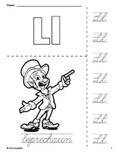 Free printable leprechaun St. Patrick's Day coloring page and cursive letter tracing worksheet, letter l worksheet for preschool, pre-k, and kindergarten, PDF