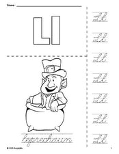 Free printable leprechaun St. Patrick's Day coloring page and cursive letter tracing worksheet, letter l worksheet for preschool, pre-k, and kindergarten, PDF