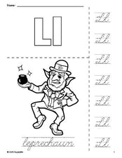 Free printable leprechaun St. Patrick's Day coloring page and cursive letter tracing worksheet, letter l worksheet for preschool, pre-k, and kindergarten, PDF