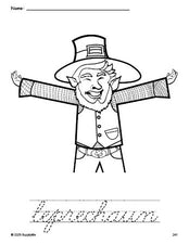 Free printable leprechaun St. Patrick's Day coloring page and cursive word tracing worksheet, perfect for preschool, pre-k, and kindergarten, PDF