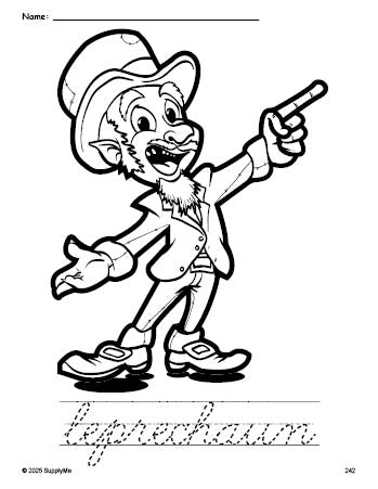 Free printable leprechaun St. Patrick's Day coloring page and cursive word tracing worksheet, perfect for preschool, pre-k, and kindergarten, PDF