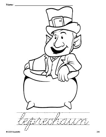 Free printable leprechaun St. Patrick's Day coloring page and cursive word tracing worksheet, perfect for preschool, pre-k, and kindergarten, PDF