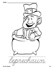 Free printable leprechaun St. Patrick's Day coloring page and cursive word tracing worksheet, perfect for preschool, pre-k, and kindergarten, PDF