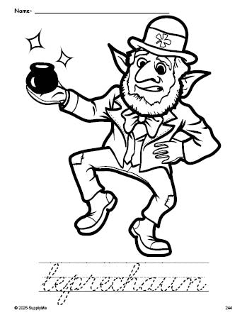 Free printable leprechaun St. Patrick's Day coloring page and cursive word tracing worksheet, perfect for preschool, pre-k, and kindergarten, PDF