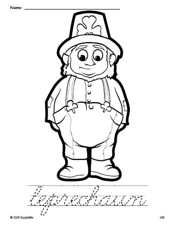 Free printable leprechaun St. Patrick's Day coloring page and cursive word tracing worksheet, perfect for preschool, pre-k, and kindergarten, PDF