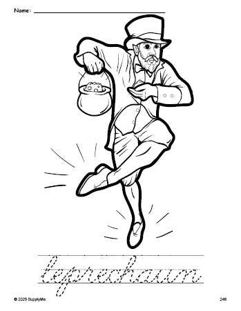 Free printable leprechaun St. Patrick's Day coloring page and cursive word tracing worksheet, perfect for preschool, pre-k, and kindergarten, PDF