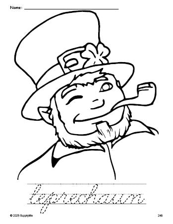 Free printable leprechaun St. Patrick's Day coloring page and cursive word tracing worksheet, perfect for preschool, pre-k, and kindergarten, PDF