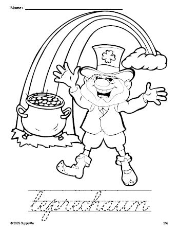 Free printable leprechaun St. Patrick's Day coloring page and cursive word tracing worksheet, perfect for preschool, pre-k, and kindergarten, PDF