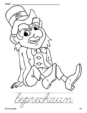 Free printable leprechaun St. Patrick's Day coloring page and cursive word tracing worksheet, perfect for preschool, pre-k, and kindergarten, PDF