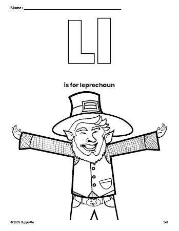 Free printable leprechaun St. Patrick's Day coloring page, letter l coloring page for preschool, pre-k, and kindergarten, PDF