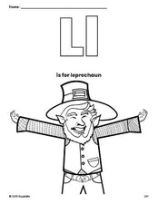 Free printable leprechaun St. Patrick's Day coloring page, letter l coloring page for preschool, pre-k, and kindergarten, PDF