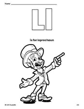 Free printable leprechaun St. Patrick's Day coloring page, letter l coloring page for preschool, pre-k, and kindergarten, PDF